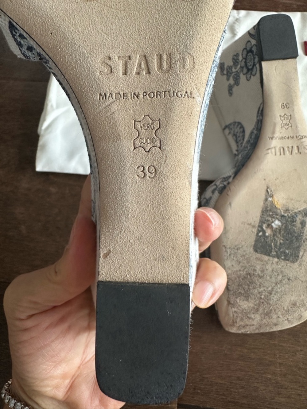 STAUD Cream and Blue Floral Canvas Wedge Sandals - Picture 7 of 10